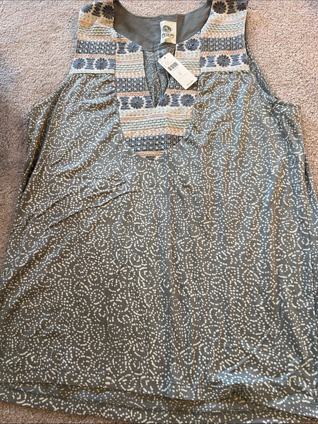 Anthropologie Green And Peach Tank With Embroidered Yoke